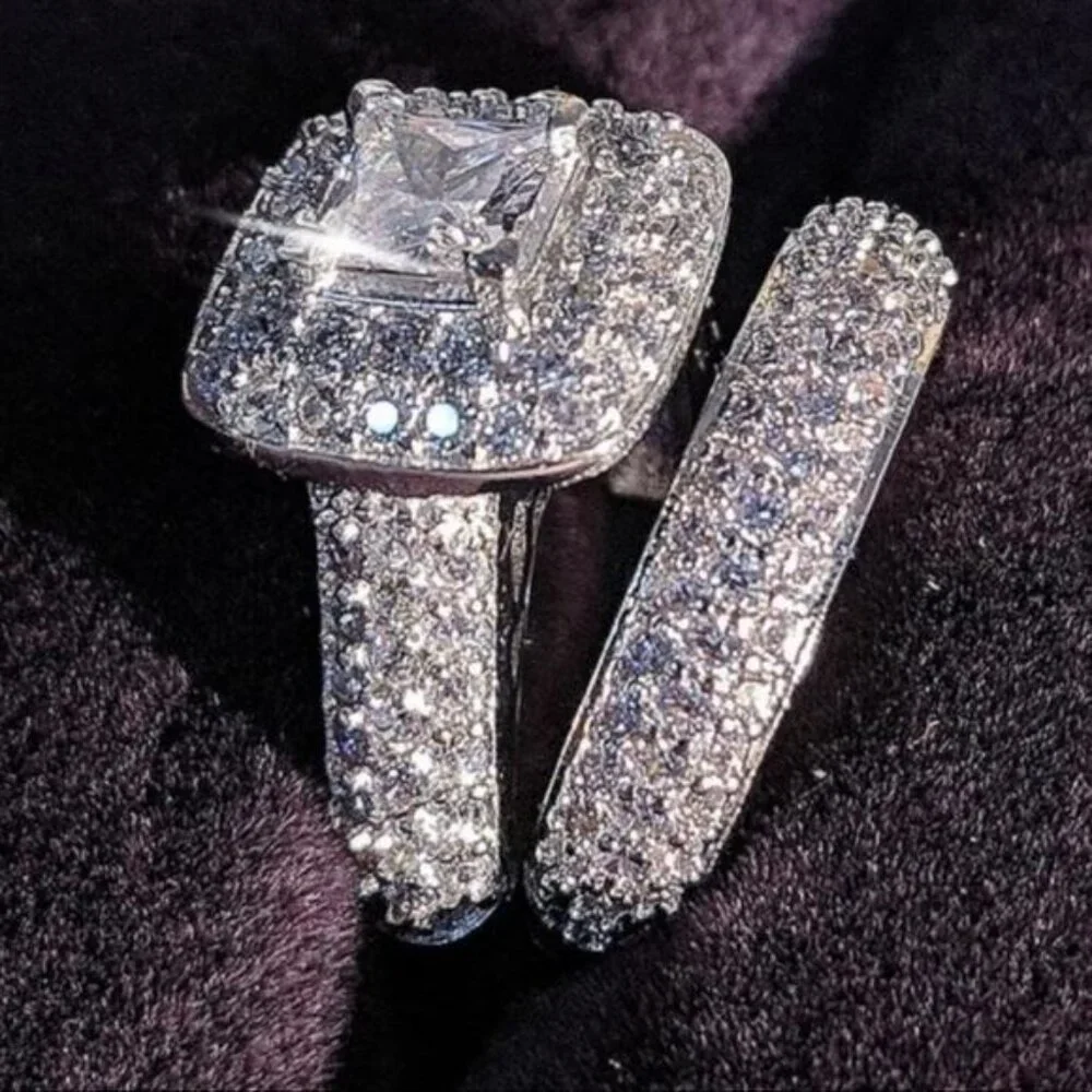 NEW 925 STERLING SILVER 2/SET DIAMOND RING, CUTE RING, SHINY RING. - Picture 1 of 7